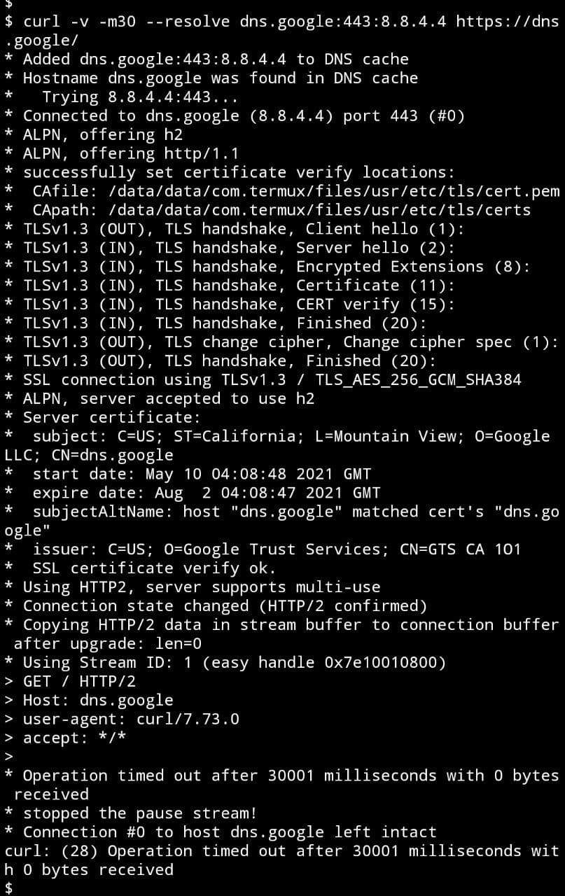 HTTPS mci curl dns.google with 8.8.4.4 ip