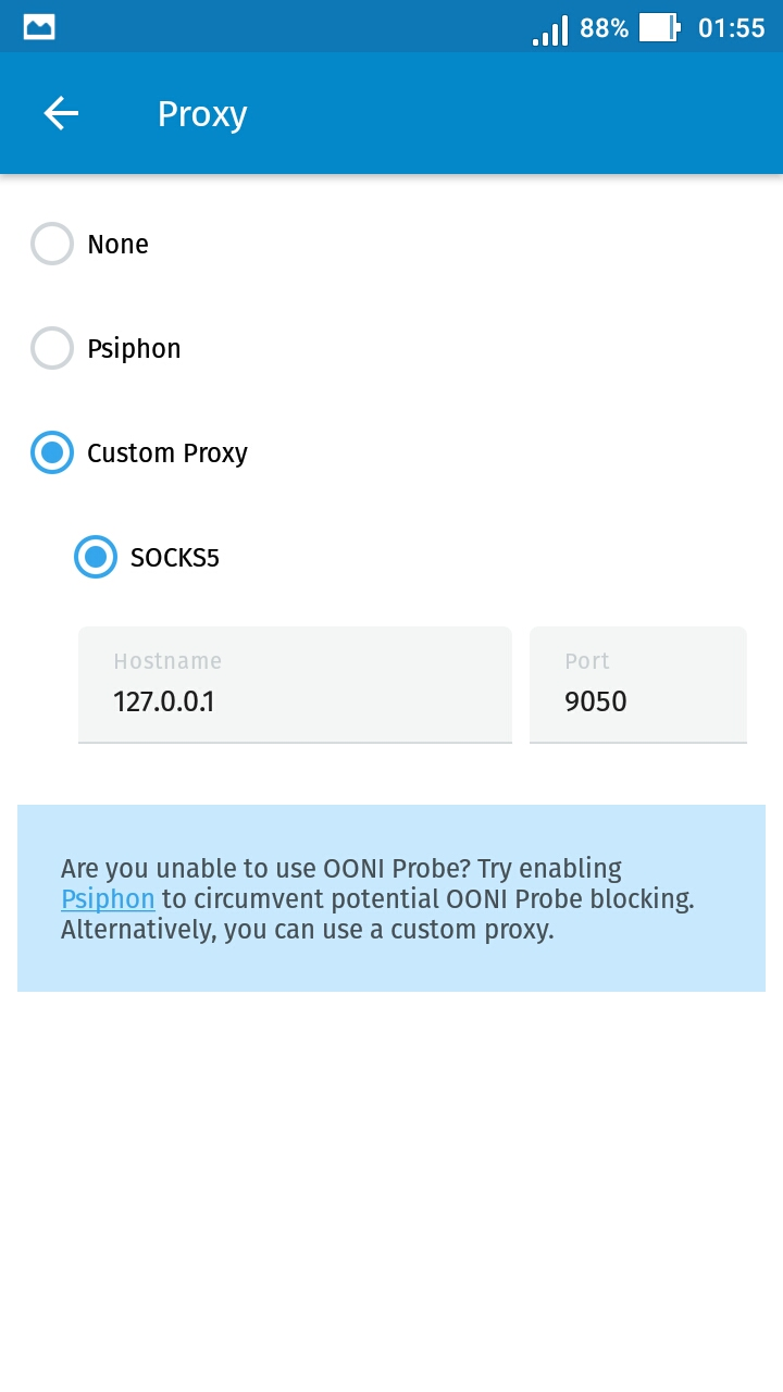 OONI android backend proxy settings