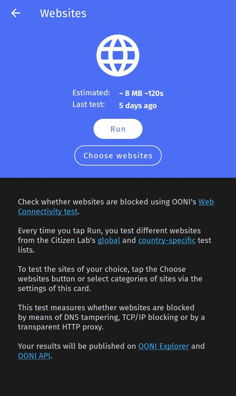 OONI mobile webconnectivity first page